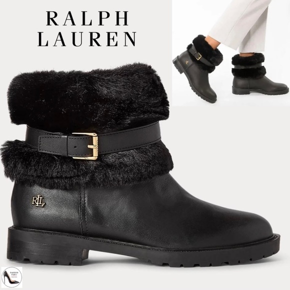 Ralph Lauren Evanston Waterproof Black Leather Winter Warm Fur Moto Boots 7 - Picture 2 of 13